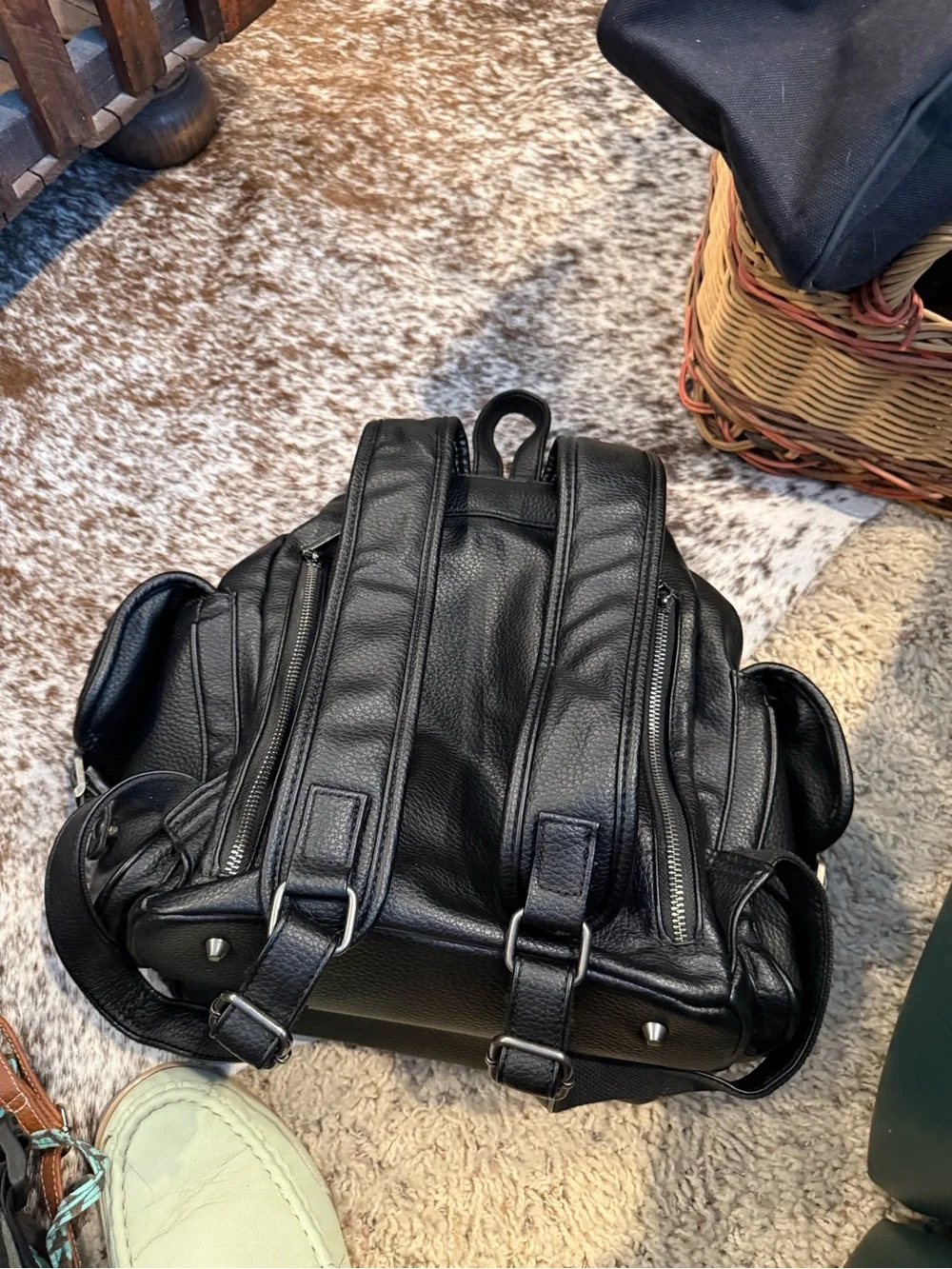 Wrangler Black Leather Backpack with Cowhide Accents